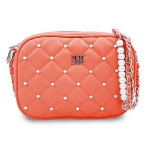 Badgley Mischa Diamond Quilted Cameral Bag Coral Vegan Leather with Faux Pearls